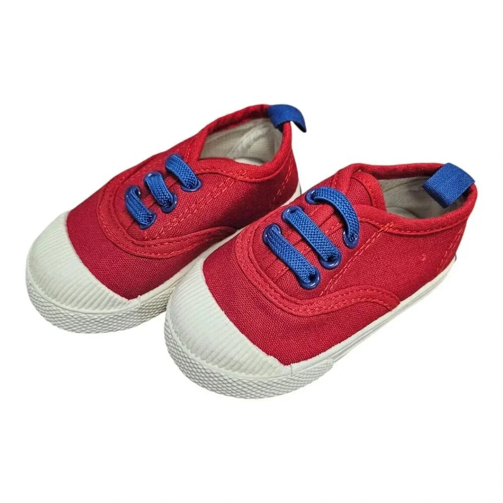 Infant Boys Size 6 Red Sneakers with Blue Laces, Baby Shoes for Boys